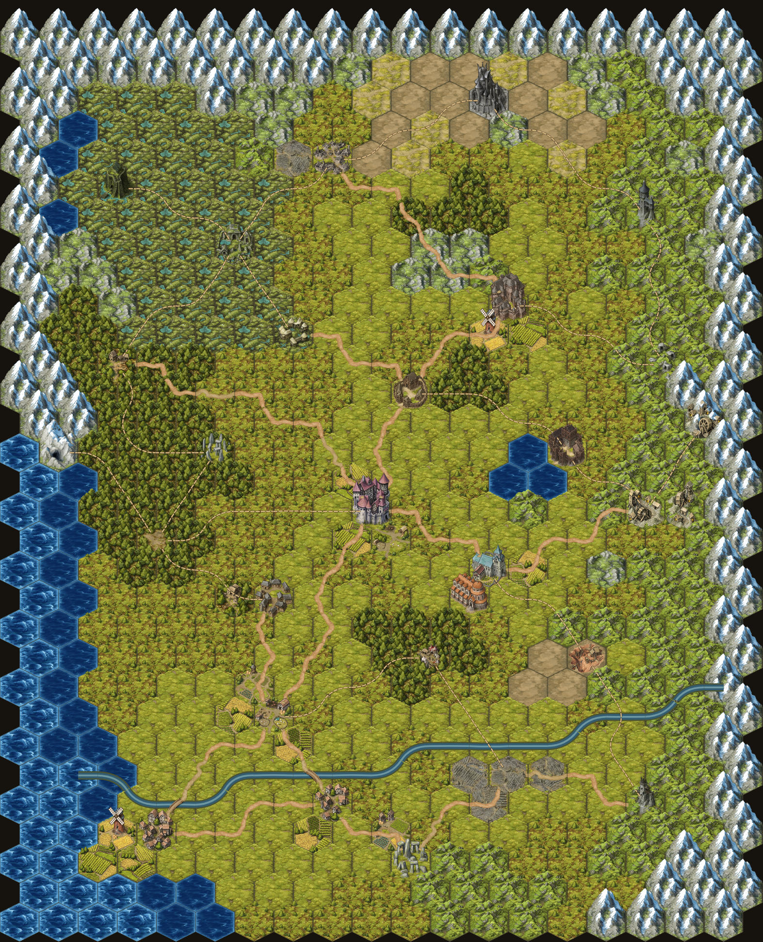 The hex map of the Ashen Marches: the river Ash in the south, forests to the west, hills to the east, marsh and ruins in the north, ringed by mountains and sea.