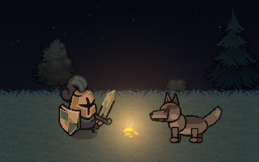 Night in the woods: the knight and his dog by a small campfire under the stars.