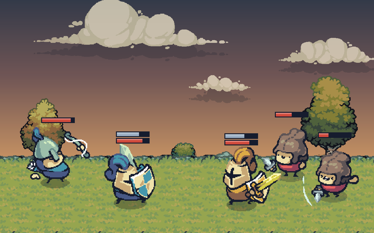 On a field road at dusk, the knight raises his shield beside a militia archer, facing a deserter in gold and two highwaymen.