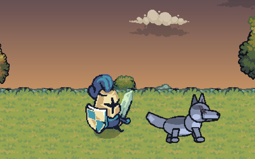 The knight runs along a field road with a grey war-dog at his side.