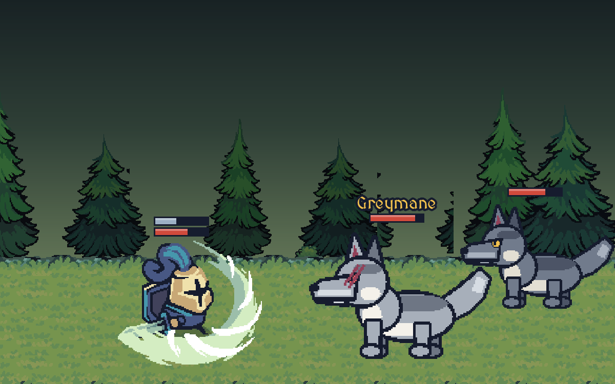 A knight swings his sword at Greymane, a great scarred wolf, and one of his pack, among the pines of the Whisperwood.